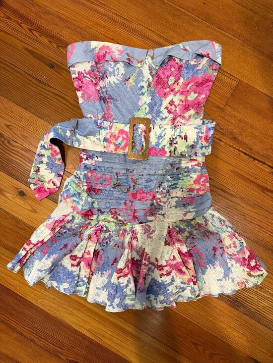 HEMANT & NANDITA Dresses & Skirts - HEMANT & NANDITA Floral Strapless Belted Ruffled Mini Dress Blue Multi
